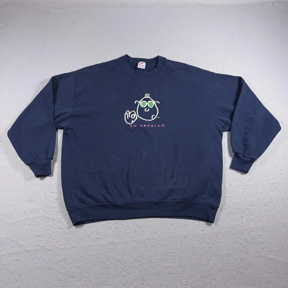 Vintage Sweatshirt Mens 2XL Blue No Problem Graphic Pullover 90s Funny USA